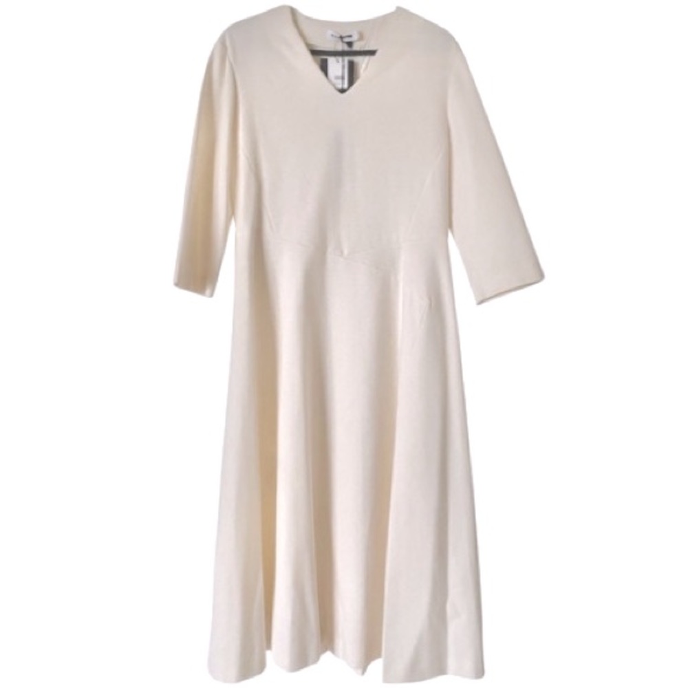 JIL SANDER Cream Wool Knit V-Neck Dress